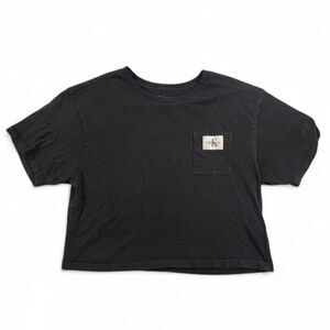 Calvin Klein Cropped Tee Womens M Black Logo Pocket T Shirt Minimalist CK Top